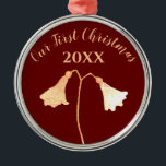 Elegant Floral Red Gold Romantic First Christmas Metal Tree Decoration<br><div class="desc">This elegant and stylish red and gold flower ornament is a classy and romantic memorial to your first Christmas spent together as a couple or married. The twin flower always grows with two blossoms on one stem, inseparable, just like you. Easily personalise this ornament on the panel to the right....</div>