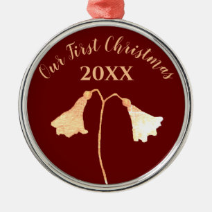Elegant Floral Red Gold Romantic First Christmas Metal Tree Decoration