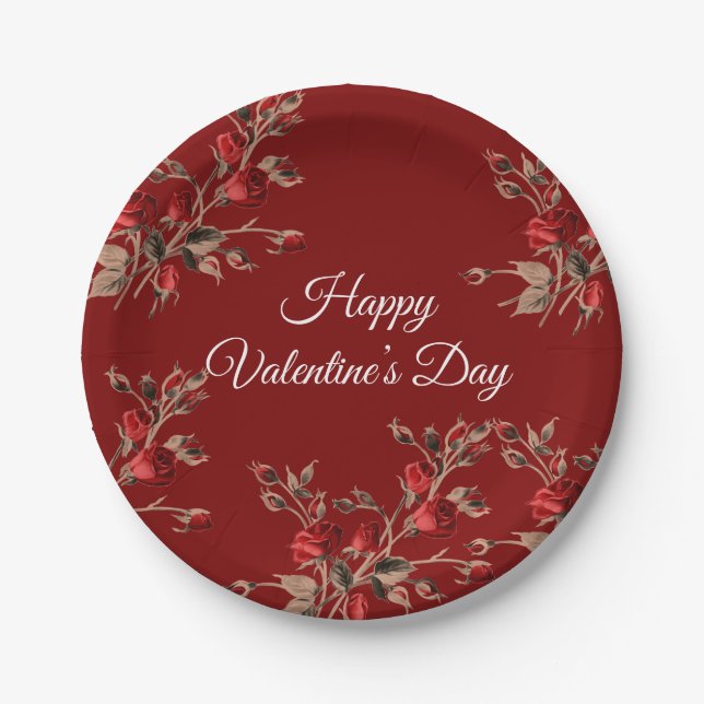 Elegant Floral Red Happy Valentine’s Day  Paper Plate (Front)