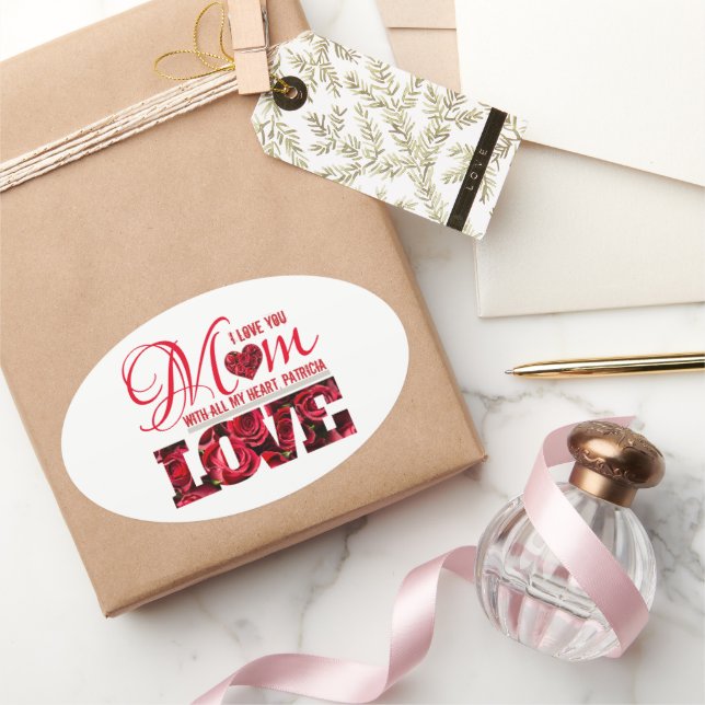 Elegant Floral Red Heart I Love You Mum Mothers Oval Sticker (Gifting)