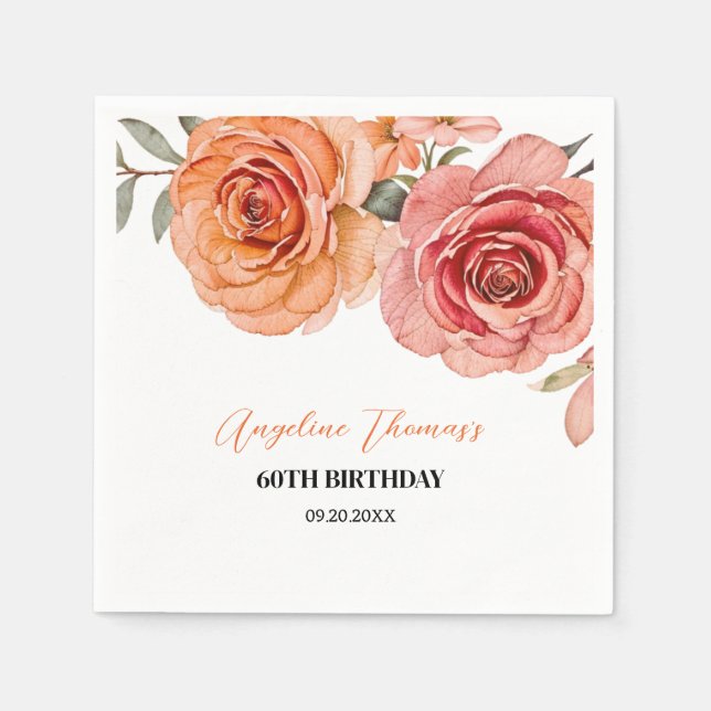 Elegant Floral Red Orange Rose Birthday Napkin (Front)