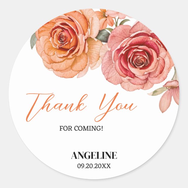 Elegant Floral Red Orange Rose Birthday Thank You Classic Round Sticker (Front)