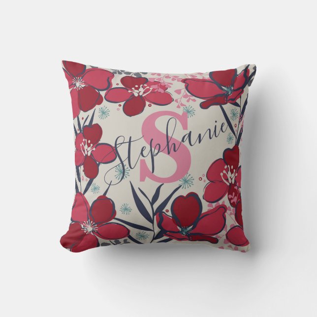 Elegant floral red,Pink and beige Monogram Cushion (Front)