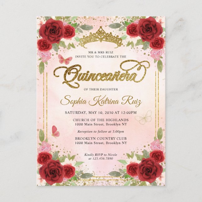 Elegant Floral Red Pink Gold Tiara Quinceañera Postcard (Front)