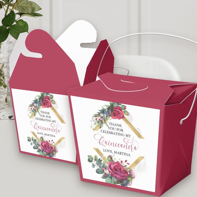 Elegant Floral Red Rose Eucalyptus Quinceanera Favour Box (Elegant Quinceanera favor boxes with thank you message with floral red and gold theme)