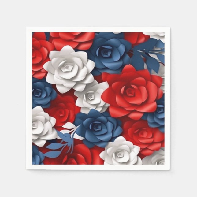 Elegant Floral Red White Blue Flower Garden Design Napkin (Front)