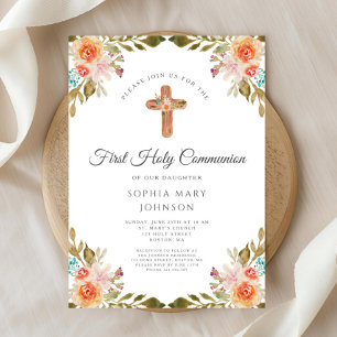 Elegant Floral Religious Cross First Communion  Invitation