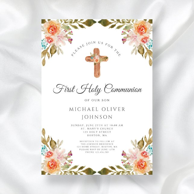 Elegant Floral Religious Cross First Communion  Invitation (Elegant Floral Religious Cross First Communion Invitation)