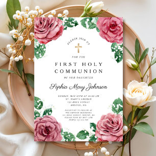 Elegant Floral Religious Girl First Communion Invitation