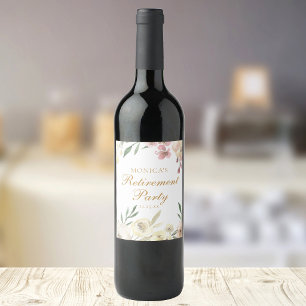Elegant Floral Retirement Party Gold Script Wine Label