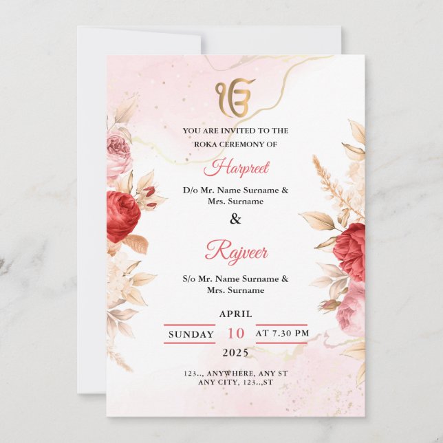 Elegant Floral Roka Ceremony Invitation Card (Front)