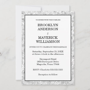 Elegant Floral Rose Black White Wedding Invitation