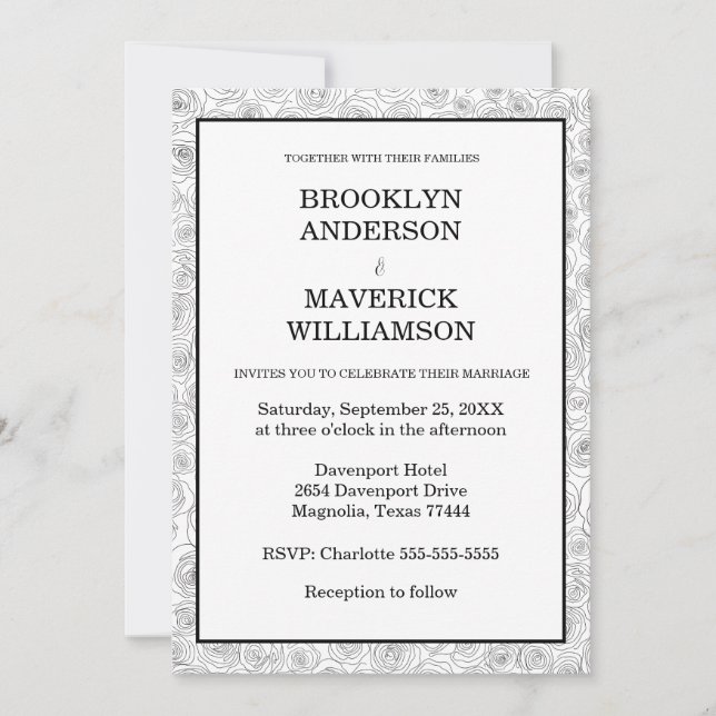 Elegant Floral Rose Black White Wedding Invitation (Front)