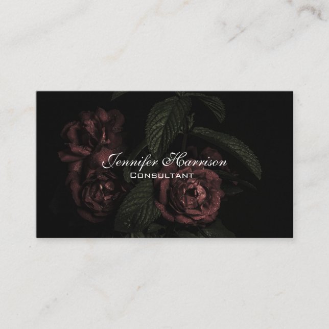 Elegant Floral Rose Bouquet Flowers On Black Business Card (Front)