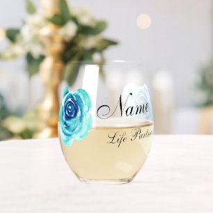 Elegant Floral Rose Bride Groom Birthday Wedding Stemless Wine Glass