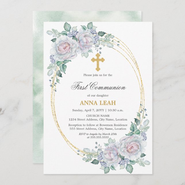 Elegant Floral Rose Gold Cross First Communion Invitation (Front/Back)