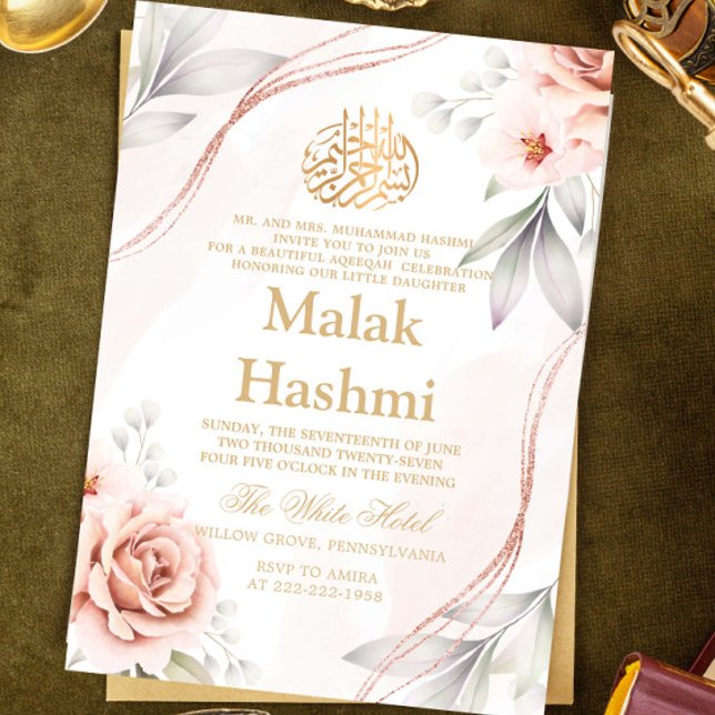 Elegant Floral Rose Gold Design Islamic Aqiqa  Invitation (Creator Uploaded)