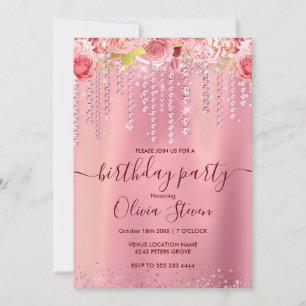 Elegant floral rose gold dripping glitter any age invitation