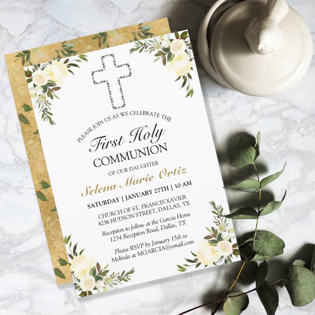 Elegant Floral Rose Gold First Holy Communion Invi Invitation (Creator Uploaded)