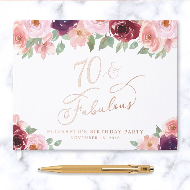 Elegant Floral Rose Gold Foil 70th Birthday Party Guest Book (Creator Uploaded)