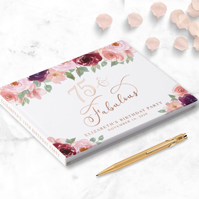 Elegant Floral Rose Gold Foil 75th Birthday Party Guest Book (Creator Uploaded)