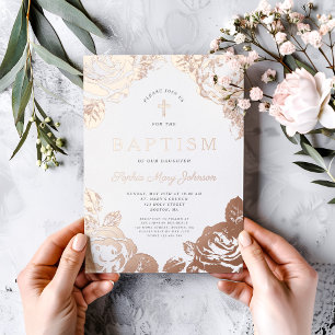 Elegant Floral Rose Gold Girl Baptism