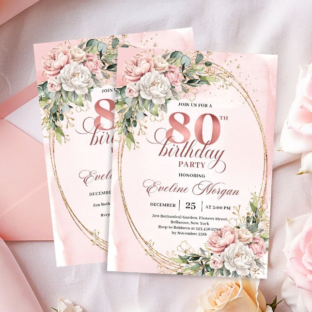 Elegant Floral Rose Gold Greenery 80th Birthday   Invitation (Elegant Floral Rose Gold Greenery 80th Birthday Invite)