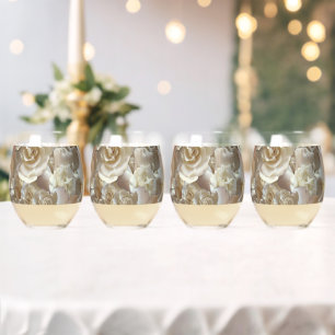 Elegant Floral Rose Petal Pattern Stemless Wine Glass