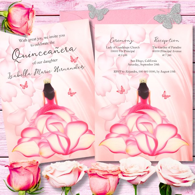 Elegant Floral Rose Petals Pink Dress Quinceañera Invitation (Creator Uploaded)