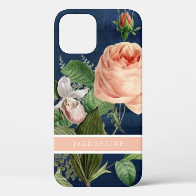 Elegant Floral Rose Pink Greenery w Navy Wood Case-Mate iPhone Case (Back)
