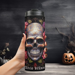 Elegant Floral Rose Skull Personalized Thermal Tumbler