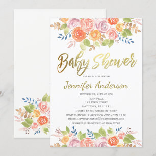 Elegant Floral Rose Watercolor Baby Shower Invitation
