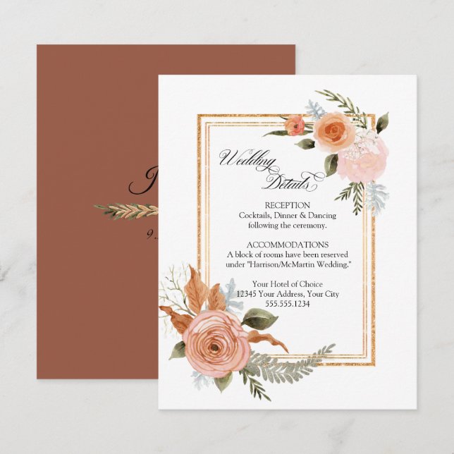 Elegant Floral Roses Bouquet Gold Wedding Details Enclosure Card (Front/Back)