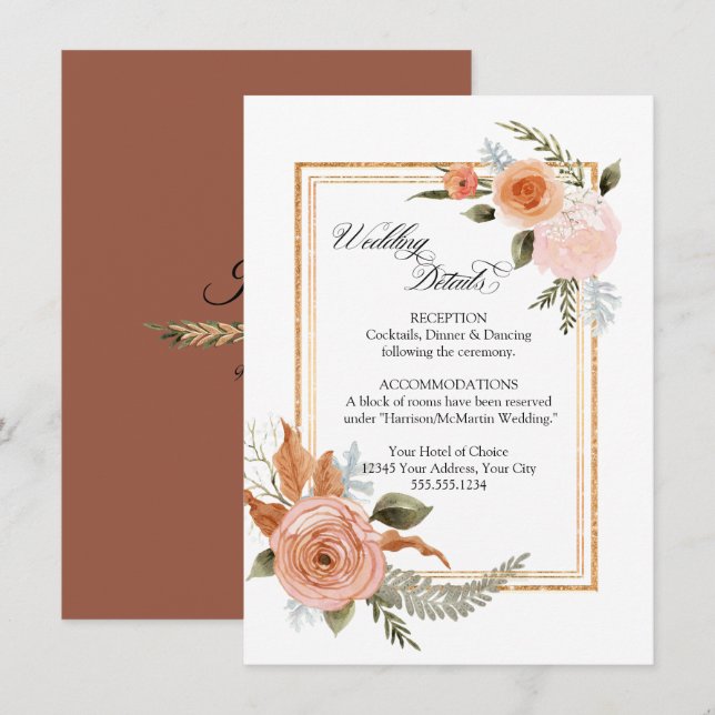 Elegant Floral Roses Bouquet Gold Wedding Details  Invitation (Front/Back)
