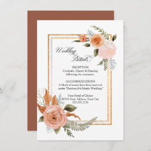 Elegant Floral Roses Bouquet Gold Wedding Details  Invitation