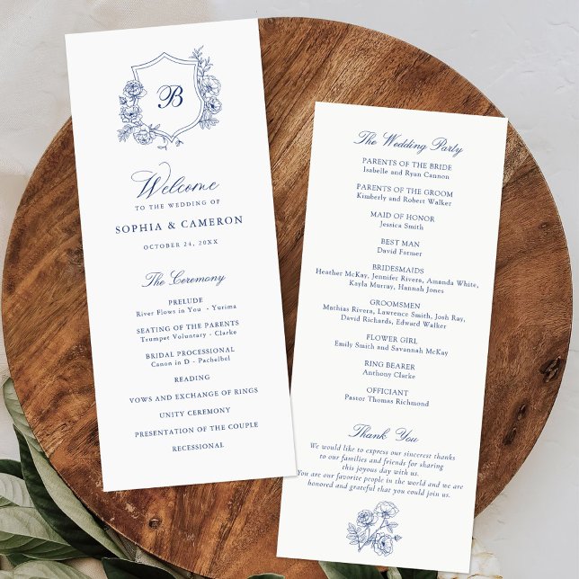 Elegant Floral Roses Crest Monogram Blue Wedding Programme (Creator Uploaded)