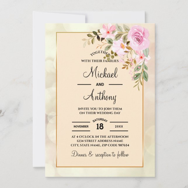 Elegant Floral Roses Gay Wedding Invitation (Front)