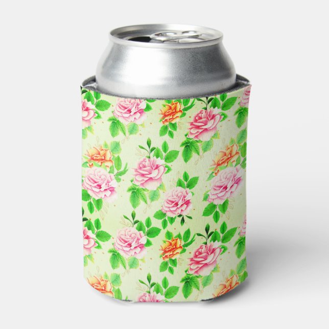 Elegant Floral Roses Green Leaves Pattern-23675 Can Cooler (Can Front)