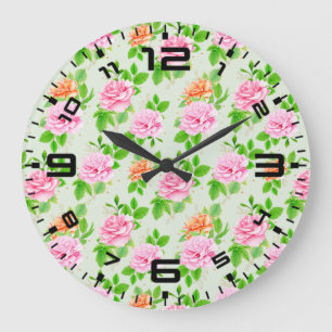 Elegant Floral Roses Green Leaves Pattern-23675 Large Clock