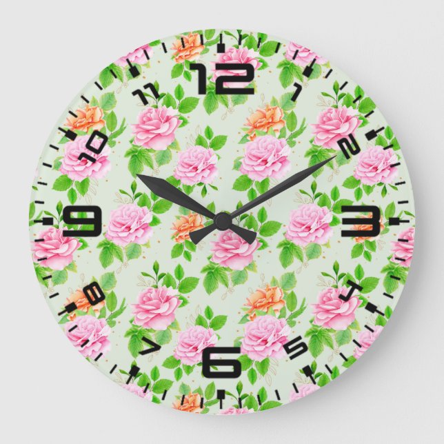 Elegant Floral Roses Green Leaves Pattern-23675 Large Clock (Front)