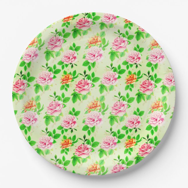 Elegant Floral Roses Green Leaves Pattern-23675 Paper Plate (Front)