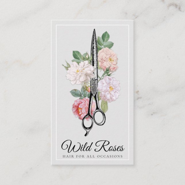 Elegant Floral Roses Hairstylist Light Grey Business Card (Front)