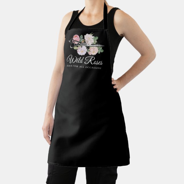 Elegant Floral Roses Hairstylist Salon Black Apron (Insitu)