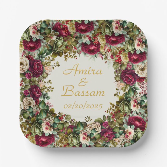 Elegant Floral Roses Islamic Wedding  Paper Plate (Front)