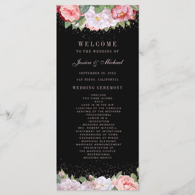 Elegant Floral Roses Pink Black Wedding Programme (Front)