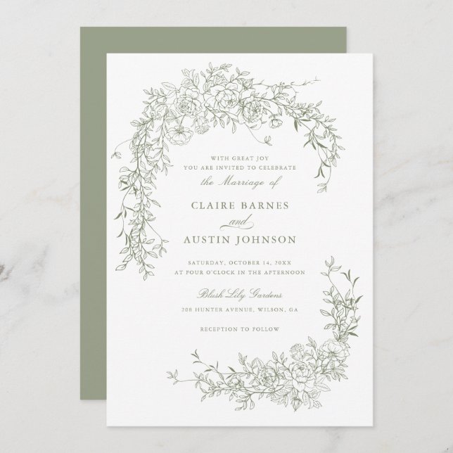 Elegant Floral Roses Sage Green Wedding Monogram  Invitation (Front/Back)