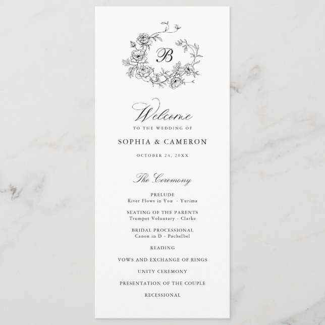 Elegant Floral Roses Wreath Monogram Wedding Programme (Front)