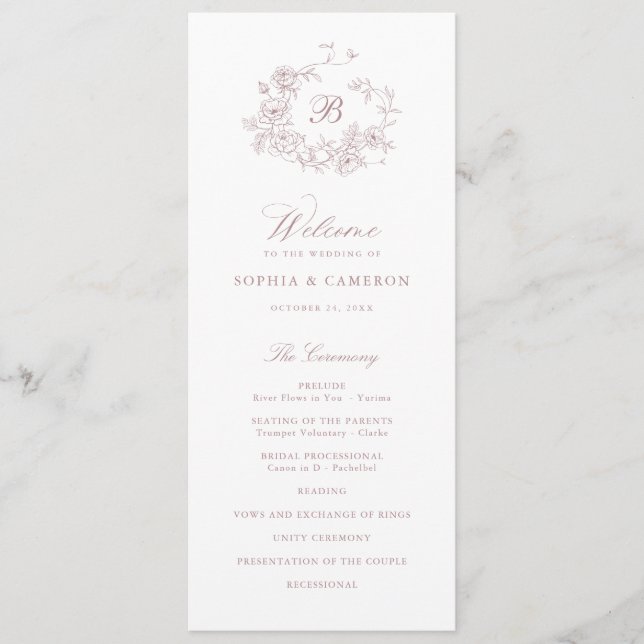 Elegant Floral Roses Wreath Monogram Wedding Programme (Front)