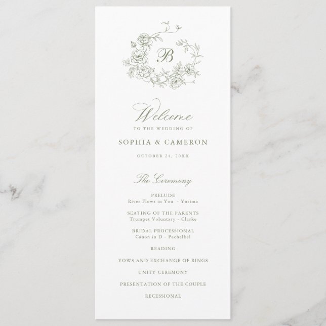 Elegant Floral Roses Wreath Sage Monogram Wedding Programme (Front)