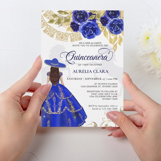 Elegant Floral Royal Blue Horse Quinceañera Invitation (Creator Uploaded)